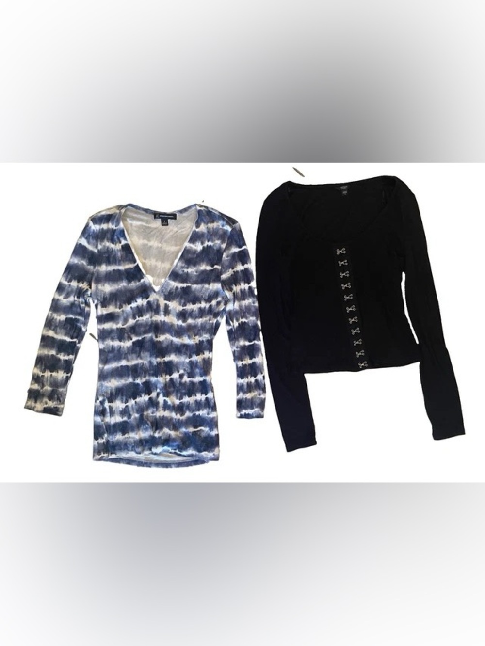 Lot of 2 Womens Small Tops GUESS Black Hook Eye INC Tie Dye Ribbed LS⁠